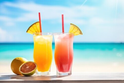 Image of Exotic drinks on blur tropical beach background with yellow sand and blue water printed on Printed Glass Basin Splashbacks