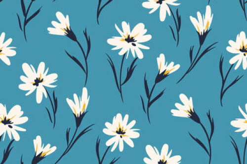 Image of Seamless pattern, cute ditsy print with spring flower arrangement on a blue background. Romantic botanical background with pretty hand drawn plants, white wild flowers, leaves. Vector illustration. printed on Printed Glass Splashbacks