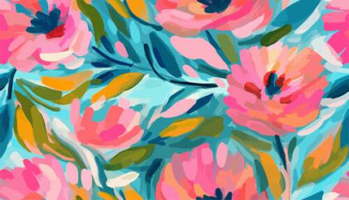 Image of Cute hand drawn abstract flowers print. Modern cartoon style pattern. Fashionable template for design. Pink flower pattern, with blue backgrounds, vibrant acrylic colors brush strokes, vibrant florals printed on Printed Glass Splashbacks