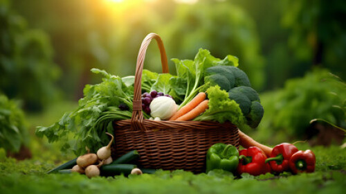 Image of fresh green and mix colored vegetables in big basket in field green plants with agricultural vehical background printed on Printed Glass Splashbacks