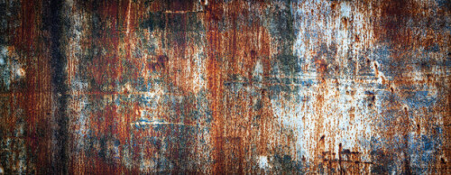 Image of Rusty metal wall, old sheet of iron covered with rust with multi-colored paint printed on Printed Glass Basin Splashbacks
