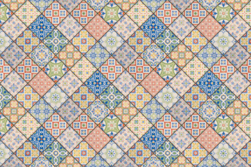Image of Old colorful seamless flowers leaves vintage geometric shabby mosaic ornate patchwork motif porcelain stoneware tiles, square mosaic stone concrete cement tile  wall texture background, 45 degrees. printed on Printed Glass Splashbacks