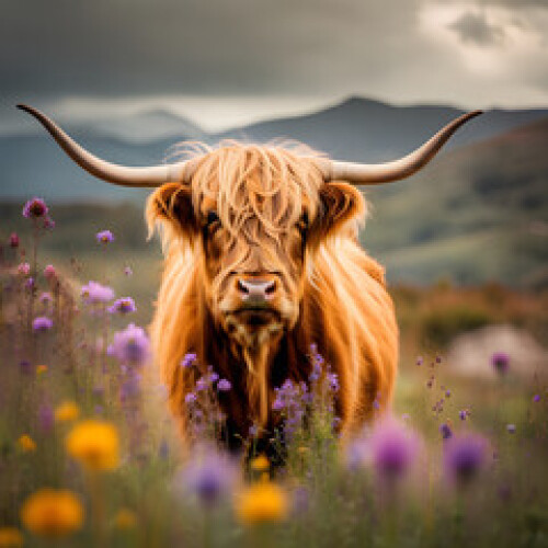 Image of Beautiful watercolor highland cow with flowers on her heand floral headboard printed on Printed Glass Splashbacks