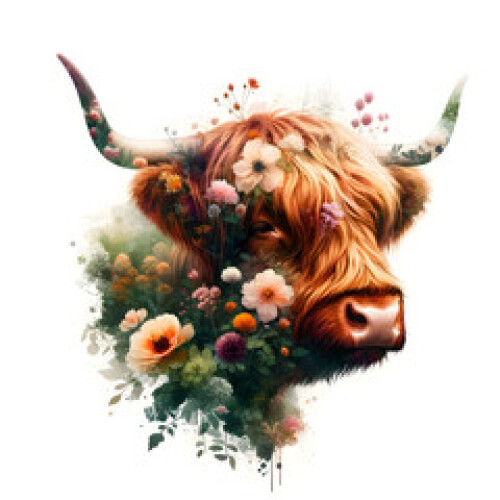 Image of A Highland cow adorned with botanical patterns in a watercolor style emphasizes natural harmony and rustic aesthetics. Double Exposure printed on Printed Glass Basin Splashbacks