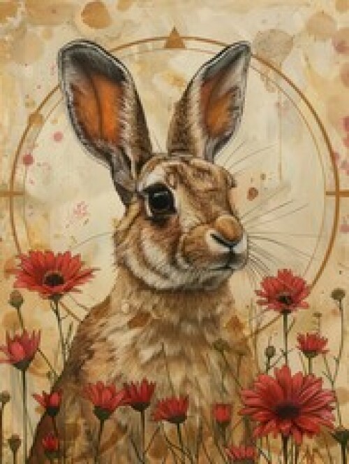 Image of A detailed illustration of a rabbit surrounded by vibrant flowers, blending nature with artistic expression. printed on Printed Glass Basin Splashbacks