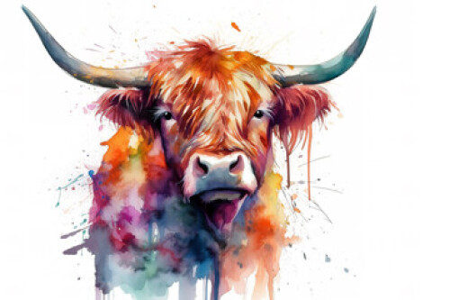 Image of Image of bright colors watercolor highland cow painting on white background. Wildlife Animals., Generative AI, Illustration. printed on Printed Glass Splashbacks