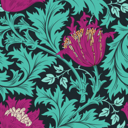 Image of Floral seamless pattern with big violet poppy with green foliage on black background. Vector illustration. printed on Printed Glass Basin Splashbacks