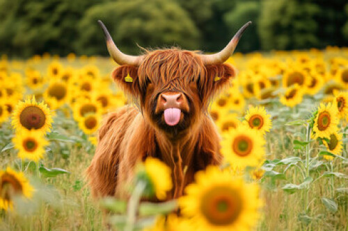 Image of A highland cow with huge horns standing in a sunflowers field. printed on Printed Glass Basin Splashbacks