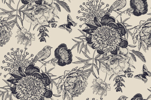 Image of Floral seamless pattern with garden flowers peonies, bird and butterflies. printed on Printed Glass Basin Splashbacks