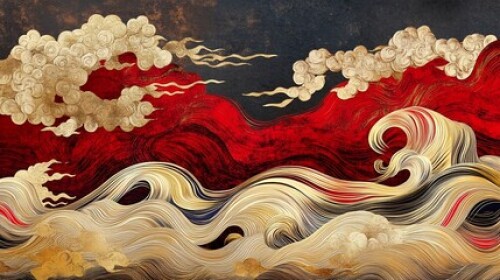 Image of Abstract oriental waves landscape with gold clouds and red mountains. printed on Printed Glass Basin Splashbacks