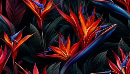 Image of Exotic tropical flowers bird of paradise (strelitzia) red color blue palm leaves dark night jungle background printed on Printed Glass Splashbacks