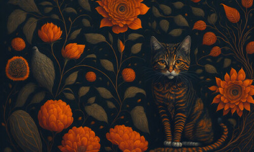 Image of floral pattern flowers background with cat, beautiful vintage illustration of plants and leaves, generative ai printed on Printed Glass Basin Splashbacks