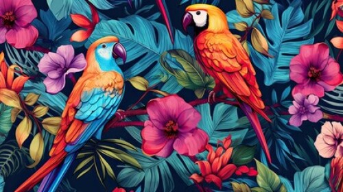Image of The tropical bird pattern has colorful flowers and bird illustrations printed on Printed Glass Basin Splashbacks