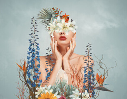 Image of Abstract art collage of young woman with flowers printed on Printed Glass Splashbacks