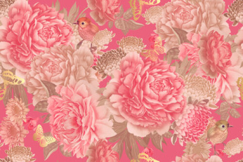 Image of Garden flowers pink peonies, gold butterfly and cute birds. Floral seamless pattern. printed on Printed Glass Splashbacks