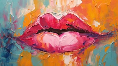 Image of Painting abstract art of female Pink, red lips, mouth. Pop art retro vintage colorful background. Trendy and fashion color AI illustration. For poster and banner.. printed on Printed Glass Splashbacks
