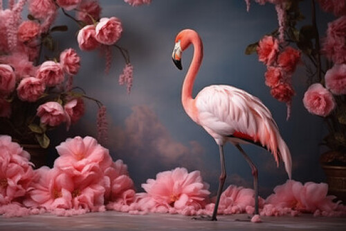 Image of Pink flamingo on the background of the wall with exotic beautiful flowers, bright tropical concept printed on Printed Glass Basin Splashbacks