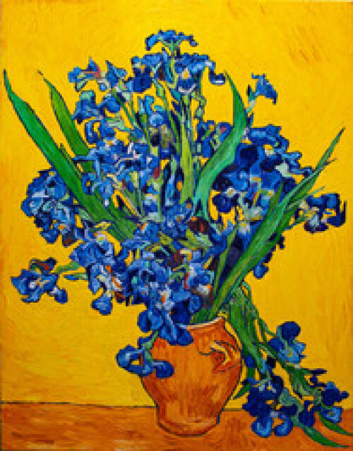 Image of Oil painting on canvas. Vase with irises on a yellow background. Free copy based the famous painting by Vincent Van Gogh printed on Printed Glass Splashbacks