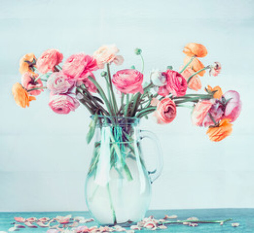 Image of Lovely bouquet of beautiful  Ranunculus  flowers in glass vase on table at light blue turquoise background, pastel color printed on Printed Glass Basin Splashbacks