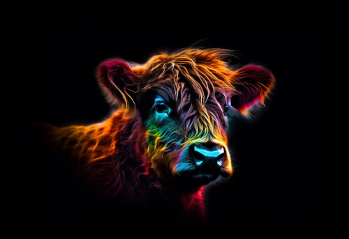 Image of Abstract highland cow head portrait, scottish highland cow from multicolored paints printed on Printed Glass Splashbacks