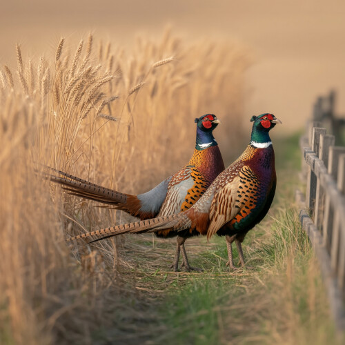 Image of Two male ring necked pheasants in a field with wheat printed on Printed Glass Splashbacks