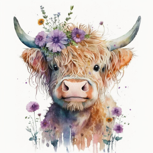 Image of Wrendale Highland Cow water colour printed on Printed Glass Splashbacks