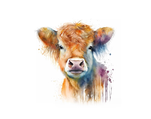 Image of Watercolor cute baby highland cow painting. Realistic animal portrait illustration. Created with Generative AI technology. printed on Printed Glass Splashbacks