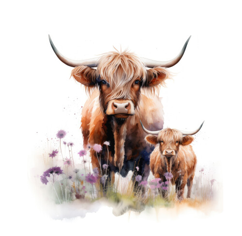 Image of Mother and Baby Highland Cow Standing in Field with Thistles Watercolor Clipart AI Generated printed on Printed Glass Basin Splashbacks