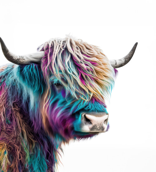 Image of Highland cow with multi-coloured hair in close-up, Generative art printed on Printed Glass Splashbacks