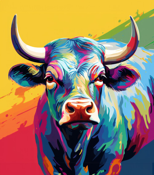 Image of Blacklight painting-style bull, bull pop art illustration printed on Printed Glass Splashbacks