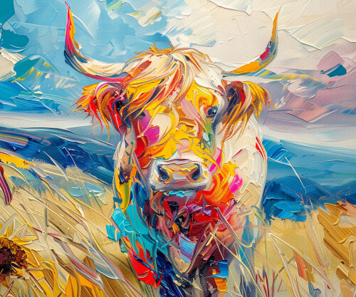 Image of Abstract oil painting of Highland Cow, plate knife style, bright and serene, happy and peaceful concept, clear sky, sunflowers printed on Printed Glass Splashbacks