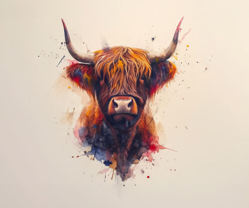 Image of watercolour illustration of The Highland cow, long horns and a long shaggy coat. Scottish breed of rustic cattle printed on Printed Glass Basin Splashbacks