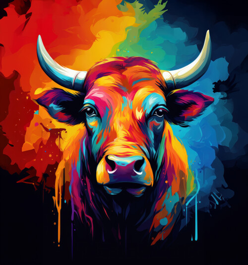 Image of Colorful bull pop art style isolated on white background. Brightly coloured animals Bull print or canvas or download printed on Printed Glass Splashbacks